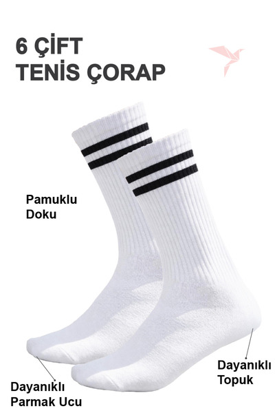 Bakasana 6 Çift Beyaz Tenis Çorabı – Pamuklu, Dayanıklı, Unisex