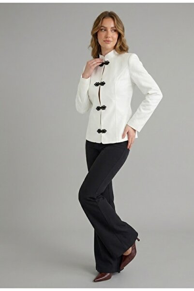 My Blog White Design Buttoned Shiny Fabric Military Jacket - 1411