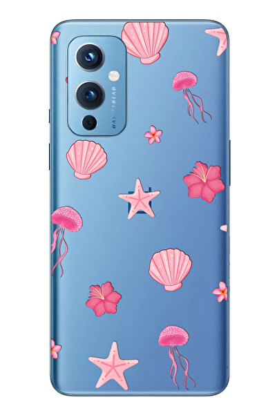 FLAMENKO حافظة هاتف شفافة متوافقة مع One Plus 9 باللون الوردي Sea Theme منقوش