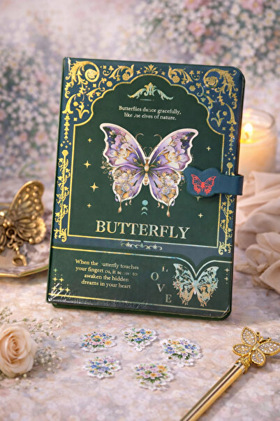 hediyeofisi Butterfly Vintage Lockable Notebook – Gold Foil Hard Cover, Buckl...