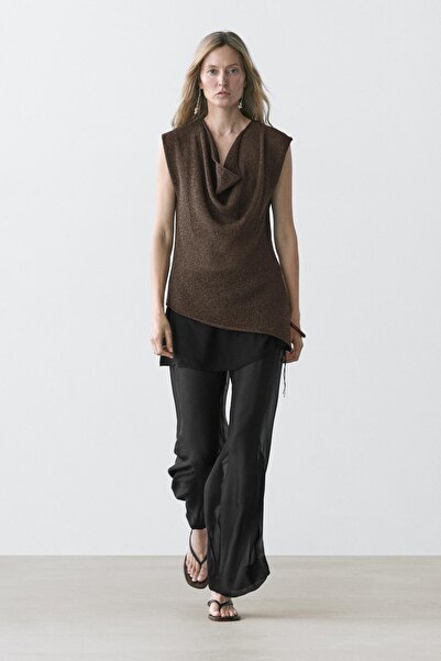 Massimo Dutti Asimetrik drapeli yaka bluz