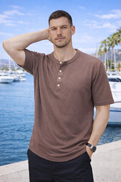 Valiberta Roth Relaxed Fit Casual Henley Collar Waffle Fabric Summer Short Sl...