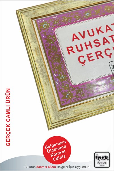 İpek Sanatsal Avukatlık Ruhsatname Çerçevesi - Altın Detaylı Krem - 33 x 48 -...