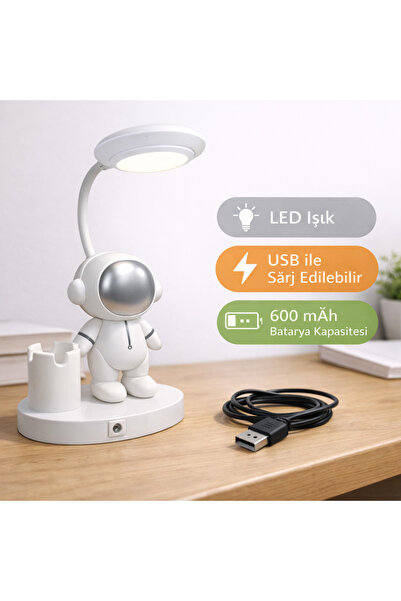 Toyska Astronot Figürlü LED Masa Lambası - USB Şarjlı --Beyaz