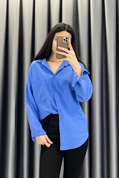 Tmptekstil كتان قميص بتفاصيل جيوب من القماش - أزرق بلون الكوبالت أزرق بلون ال...