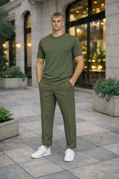 BRLKN Men's Stripe Detailed Crew Neck Crepe T-Shirt Tracksuit Set