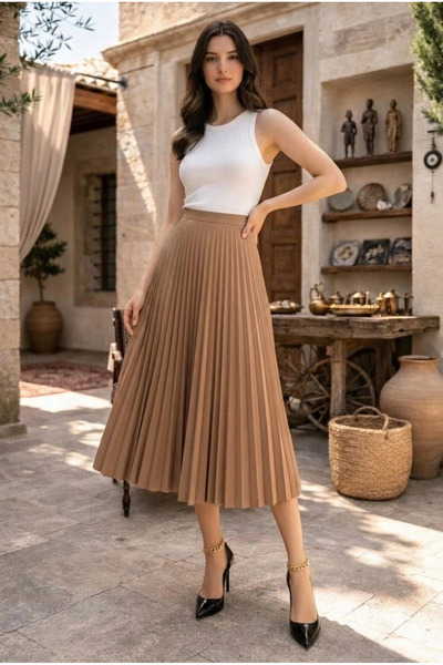 LUMİART Women's 90 cm Satin Fabric Pleated Midi Skirt Stylish and Elegant Des...