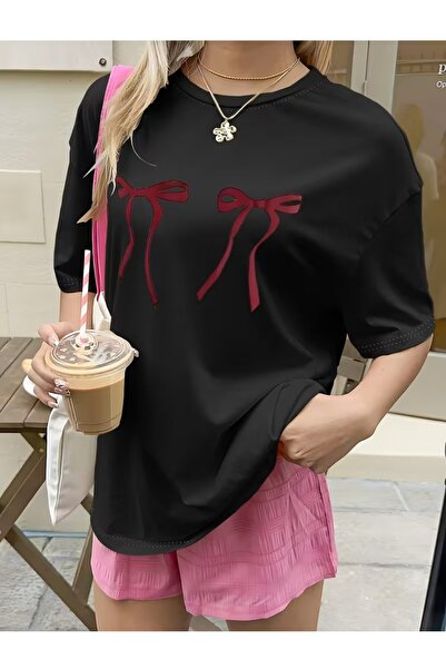 JENOLAN Tricou oversize cu imprimeu cu fundă pentru femei, lejer