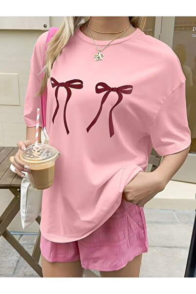 WOODROFFE Women's Burgundy Bow Printed Oversized T-Shirt Loose Fit