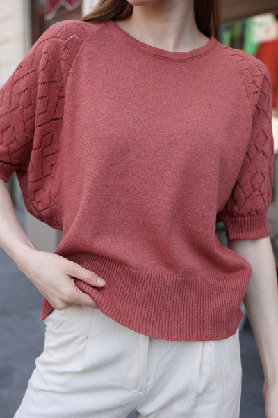LOS VİLLİAN Round Neck Half Bat Sleeve Openwork Hole Detailed Summer Roomy Stylish Knitwear Blouse
