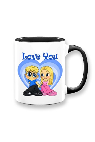 OEM Love you Mug, Cartoon, Blue Model, White with Black Interior, 330ml, Ceramic