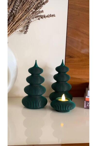 NureStore 3'lü set/ Modern 2'li Noel Ağacı ve Mumluk - LED Mum Uyumlu 15 cm