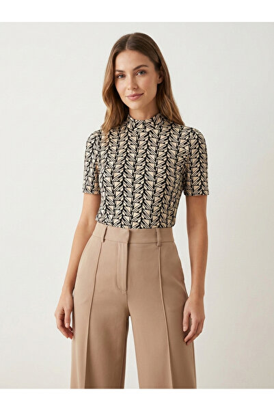 peralist Дамска блуза с къс ръкав, бежово-черна шарка, висока яка, вискоза и ...