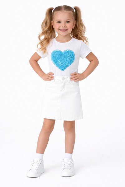 Nacar Kalp Aplikeli Kız Çocuk Keten Gösteri Etek Takım 23 Nisan 29 Ekim Göste...