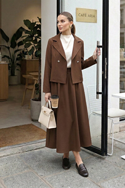 MODAQU Elegant Double-Breasted Blazer Jacket Skirt Double Crepe Set – Tan