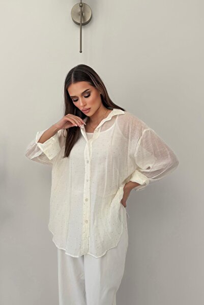 RB CLUB Ecru Casual Chiffon Shirt with Stone Embellishment Detail