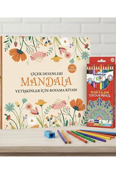 Büyükler İçin Boyama Kitabı 12 Renk Boya Kalemi Hediyeli Çiçek Desenleri