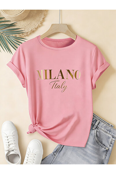 mercoledi Women's Milano Printed Crew Neck Regular Fit Oversized T-Shirt