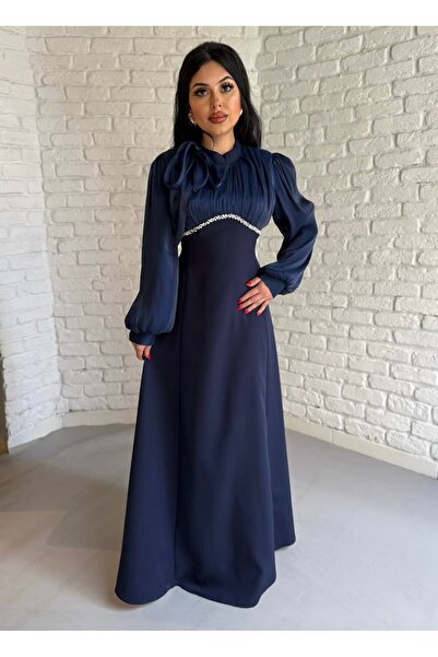 moneta boutique Juliet Collar Tie and Stone Detailed Hijab Evening Dress