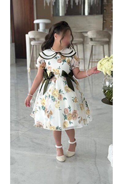 zelia فستان فاخر للبنات باللون الزيتي الفاتح بتفاصيل أنيقة