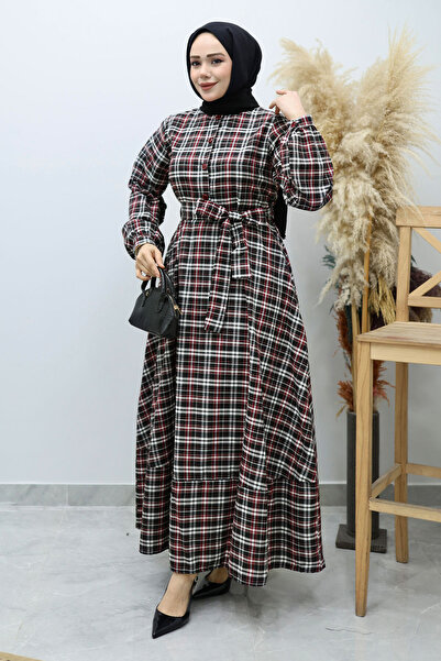 Tesettür Dünyası Button-Front Plaid Dress Tsd260131 Red