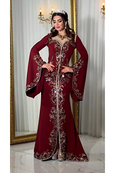 NHMODA Hand Embroidered Cape Sleeve Evening Dress