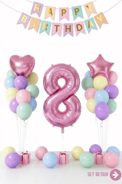 Bunloon Makaron 8 Yaş Doğum Günü Balon Seti Happy Birthday Parti Süsleri