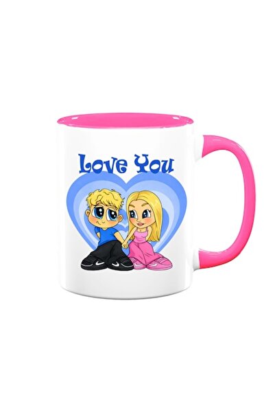 OEM Cană Love You, desene animate, model albastru, albă cu interior roz, 330 ...