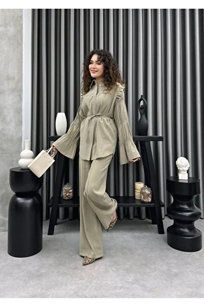 Cardella Serena Summer Tnsl Fabric Ruched Detail Shirt and Trouser Set – Belt...