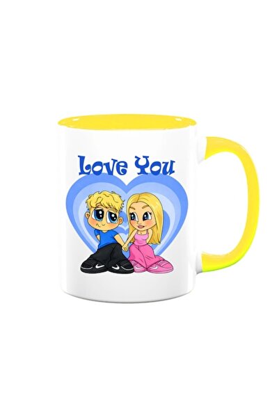 OEM Love you Mug, Cartoon, Blue Model, White with Yellow Interior, 330ml, Cer...