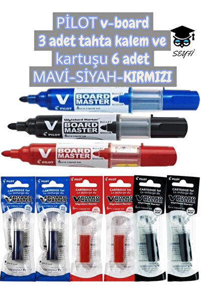 SEYFİKİRTASİYE PİLOT v-board 3 adet tahta kalem ve kartuşu 6 adet MAVİ-SİYAH-...