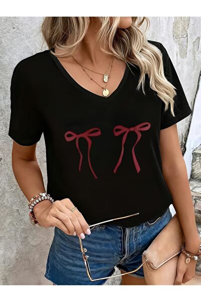 WOODROFFE Women's V-Neck Bow Printed Black/White T-Shirt Oversized Casual
