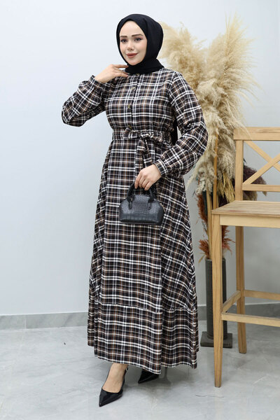 Tesettür Dünyası Button-Front Plaid Dress Tsd260131 Black