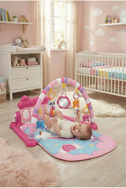 MARRGOS Işıklı Müzikli Bebek Oyun Halısı Aynalı Çıngıraklı Mutlu Hayvanlar Eğ...