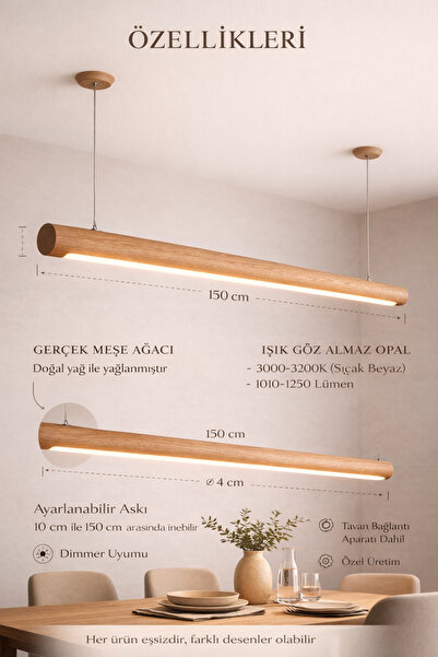 Doa Masif Meşe 150 cm Lineer Avize – Premium Doğal Ahşap, Ayarlanabilir Askı,...