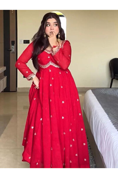 MYSMAR Red Faux Georgette Gown Bottom Dupatta - HRT5944 | Red