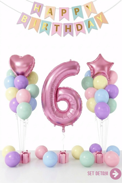 Bunloon Makaron 6 Yaş Doğum Günü Balon Seti Happy Birthday Parti Süsleri