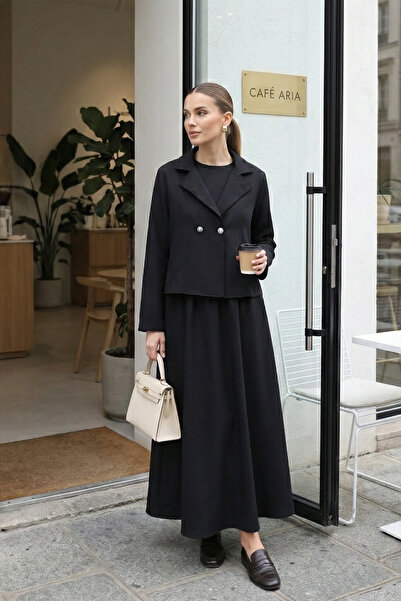 MODAQU Elegant Double-Breasted Blazer Jacket Skirt Double Crepe Set – Claret Red