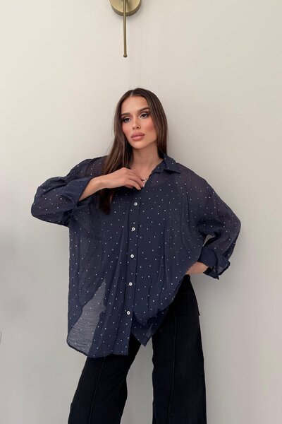 RB CLUB Navy Blue Casual Chiffon Shirt with Stone Embellishment Detail
