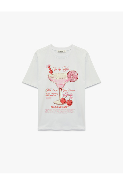 Koton Άνετο μπλουζάκι με κοντό μανίκι και λαιμόκοψη, από βαμβάκι με στάμπα κε...