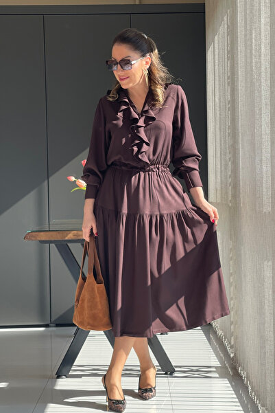 MİSLİNA BUTİK Fırfır Detay Acı Kahve Elbise