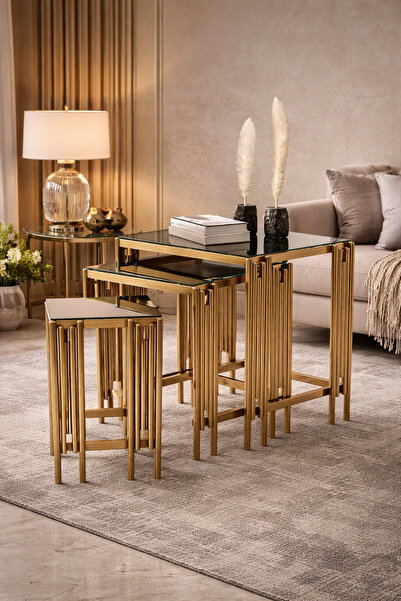 lowena home 3'lü Kare Ultra Lak Gold Kaplama Zigon Sehpa