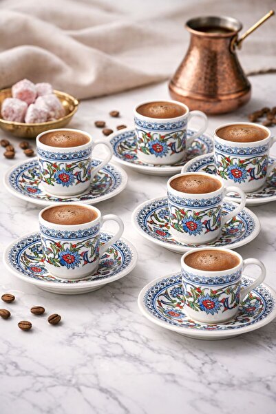evinbizden Klasik Porselen 6 Kişilik Topkapı Desen Kahve Fincan Takımı 12 Parça