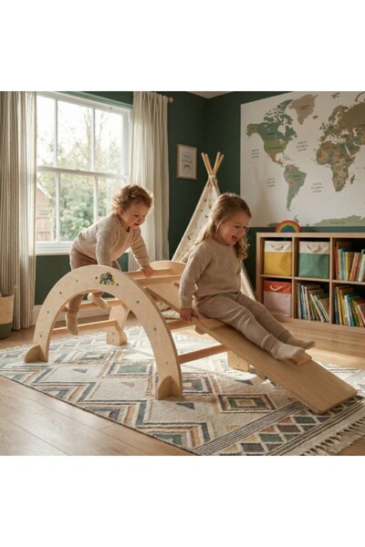 Moni Toys Arc de Catarat Pikler cu Rampa, Lemn Masiv, 50 kg, 3+ Ani