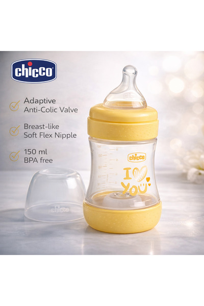 Chicco Biberon din sticla cu tetina din silicon 150 ml Perfect 5 153879, Galben