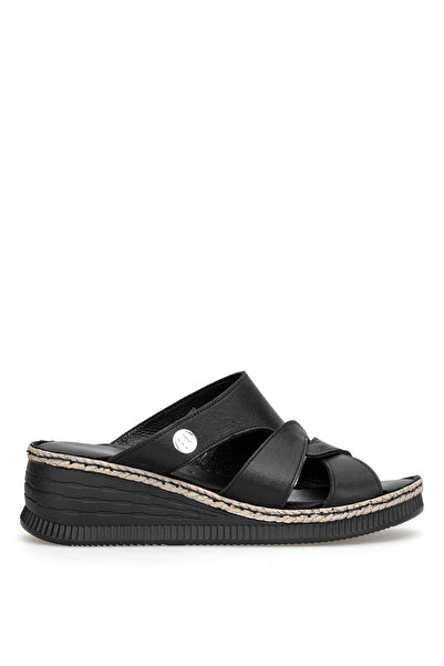 Mammamia D26YT-1375 Γυναικεία Γνήσιο Δέρμα Σφηνοειδές τακούνι Παντόφλες Μαύρο