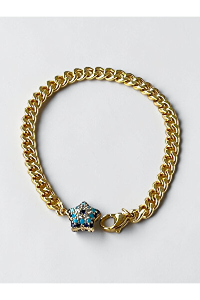 Silver Mavi Zirkon Taşlı Yıldız Charm Detaylı Gold Gurmet Bileklik