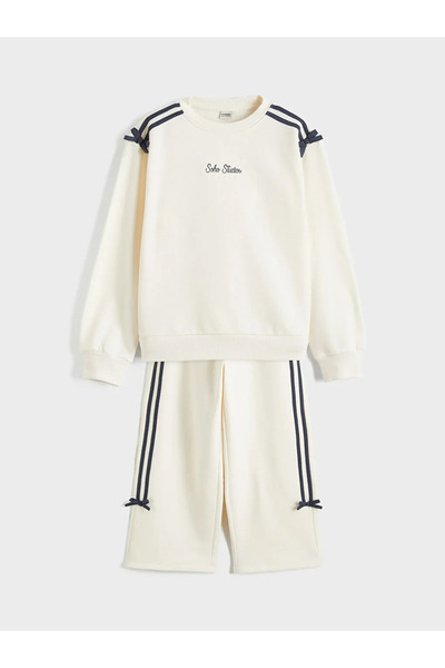 LC Waikiki Lcw Kids Ecru Crew Neck Bow Detail Girls' Sweatshirt and Sweatpants