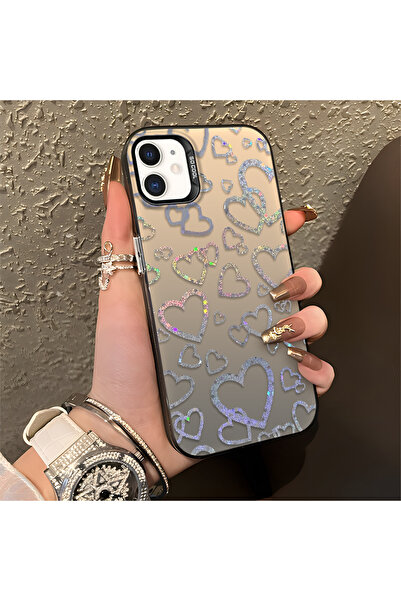 Hontinga iPhone 12 Mini Compatible Heart Patterned Silicone Edge Hard Back An...