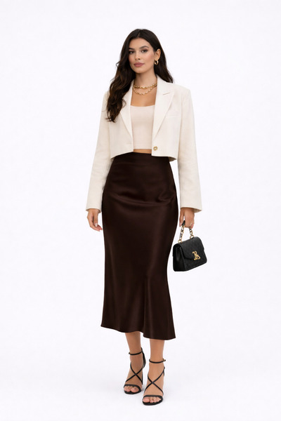 kikiriktekstil 10933 Women's Elastic Waist Maxi Length Satin Skirt